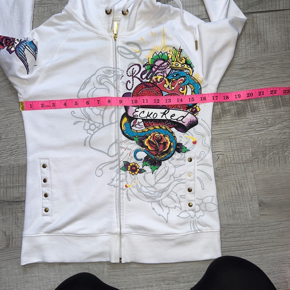 VTG Ecko Red Womens White Tattoo Graphic Zip Up Hoodie Rhinestone Heart Y2K M - Picture 3 of 12